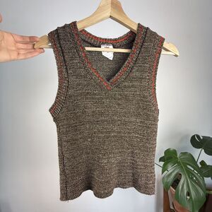 Vintage 1970s Knit Sweater Vest Brown V-Neck Red Stitching Size M